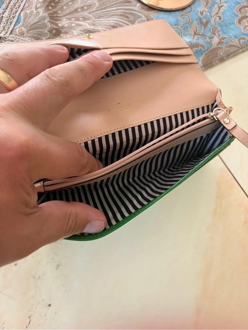 kate spade Green Leather Wristlet Clutch with Silver Plaque very high-end